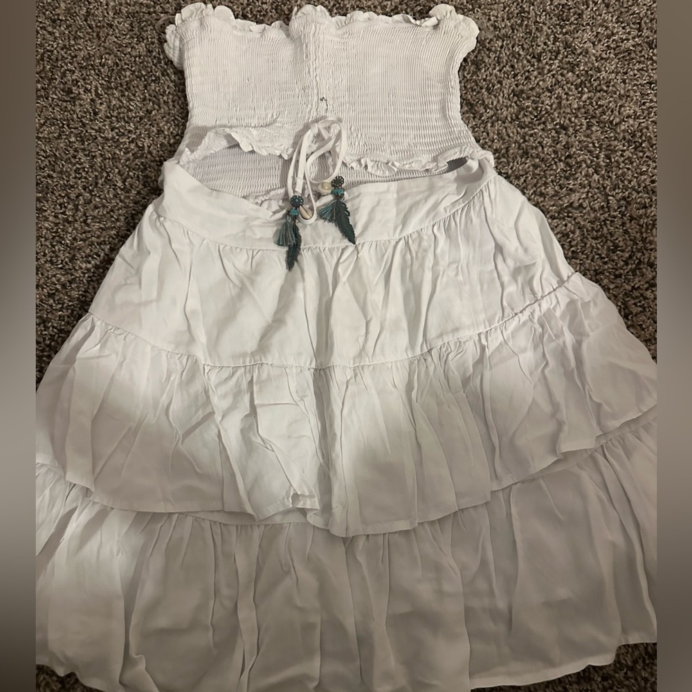 White Tiered Smocked Girls' Dress with Tassel Detail